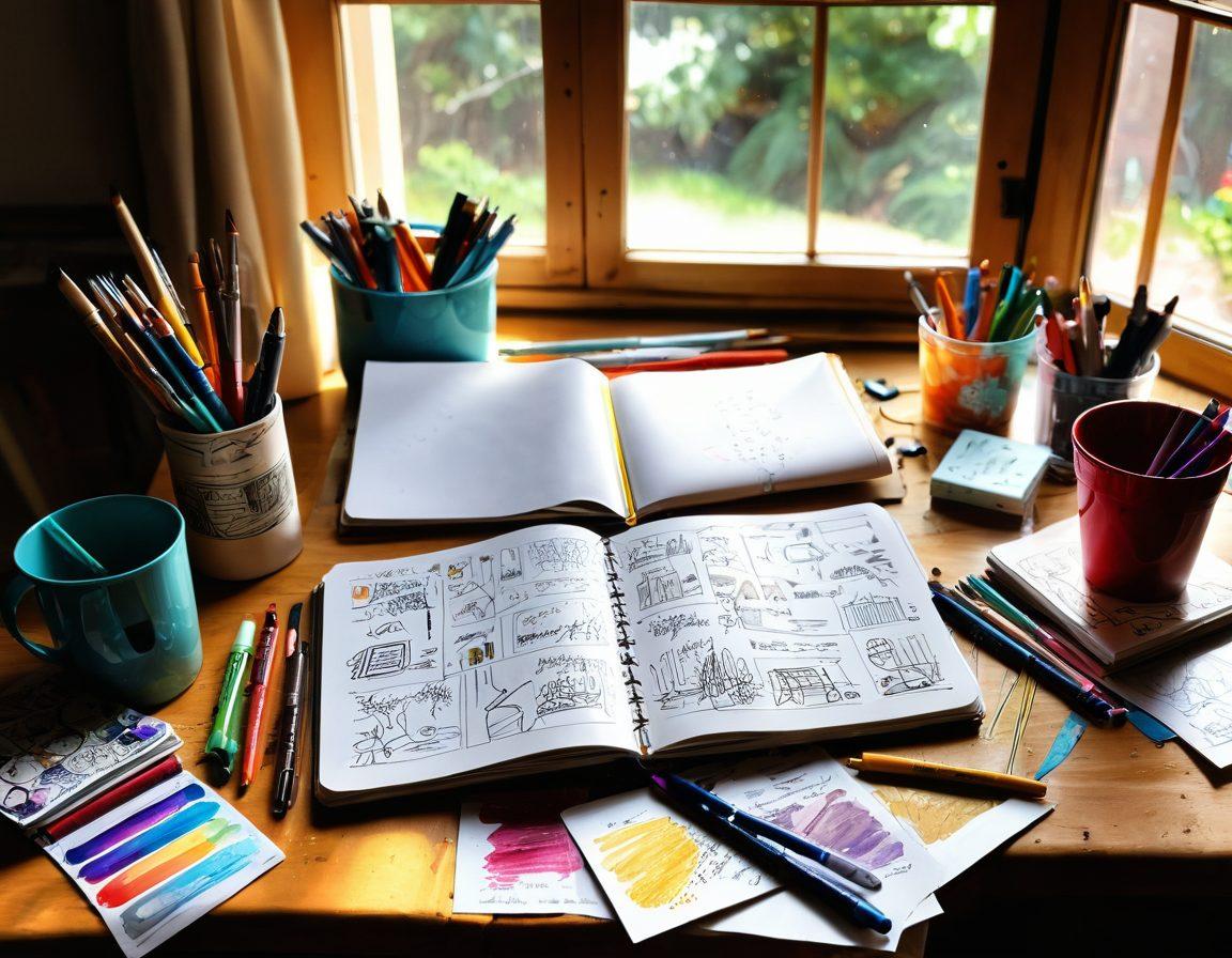A vibrant, open notebook with colorful sketches and notes spilling over the pages, surrounded by art supplies like paintbrushes and markers. In the background, a sunlit room filled with inspiring artwork and a cozy reading nook. Soft beams of light illuminating the creativity in the air. super-realistic. vibrant colors. warm lighting.