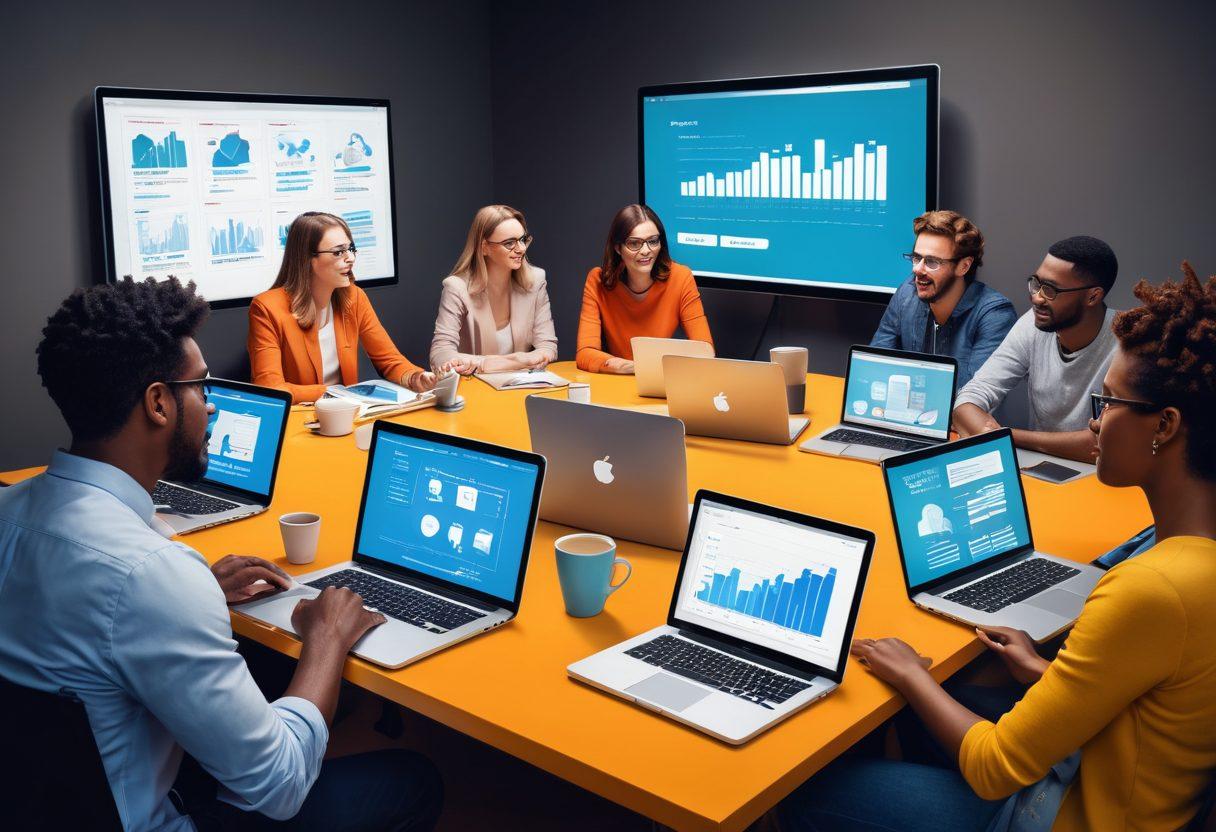 A dynamic illustration of a diverse group of bloggers engaged in a lively discussion around a table filled with laptops, notebooks, and coffee mugs. Include visual elements like charts showing audience growth, engaging social media icons, and a large screen displaying reader comments. The atmosphere should radiate creativity and collaboration, capturing the essence of reader engagement. vibrant colors. digital art.