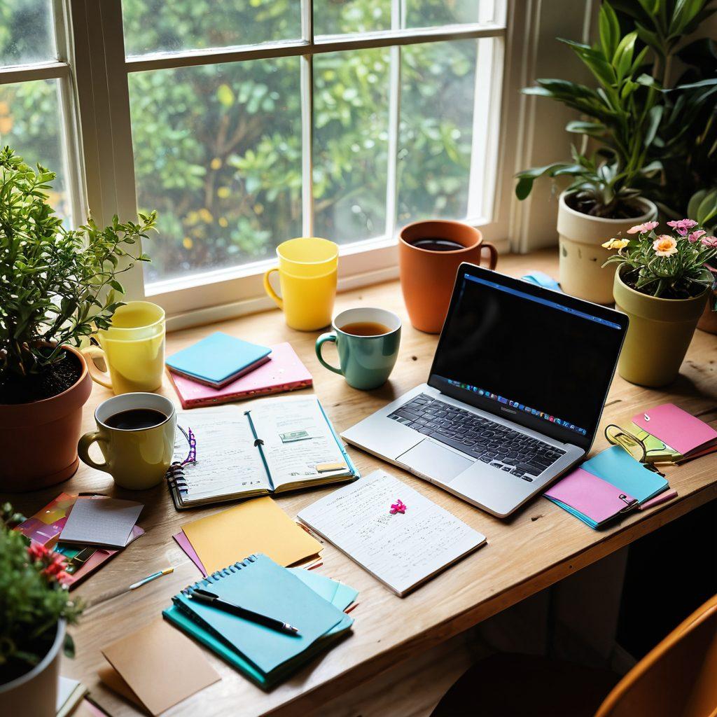 A beautiful, inviting workspace with an open notebook filled with handwritten notes, surrounded by colorful stationery, a steaming cup of tea, and a laptop displaying a blog post. A window reveals a serene garden outside, infused with warm sunlight. Include elements symbolizing creativity like paintbrushes, sticky notes, and a potted plant. bright and airy. super-realistic. vibrant colors.